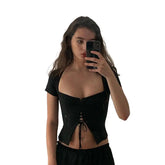 Square Neck Lace-up Slim Fit Top